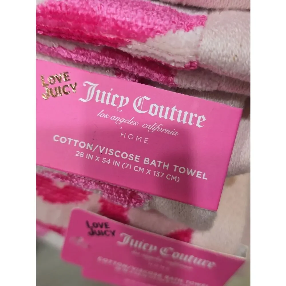 Juicy Couture Home Pink Leopord Zebra Animal Print Plush Bath & Hand Towel Set